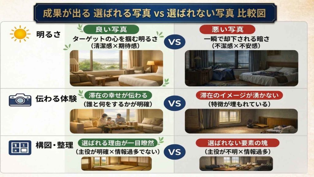 宿泊施設の悪い例といい例の写真