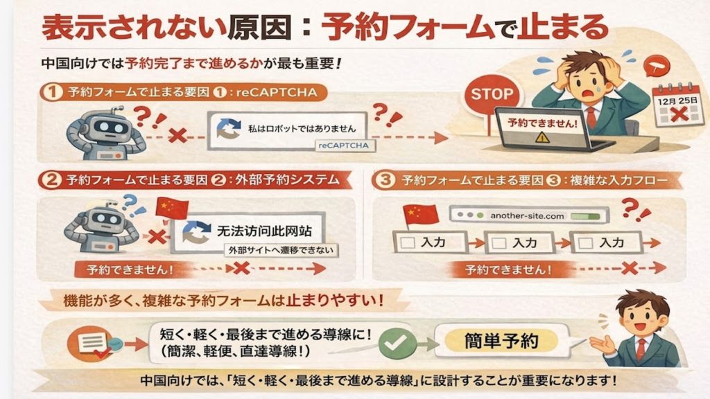 ホームページが正常に表示されない原因が予約フォームで止まることを説明する画像